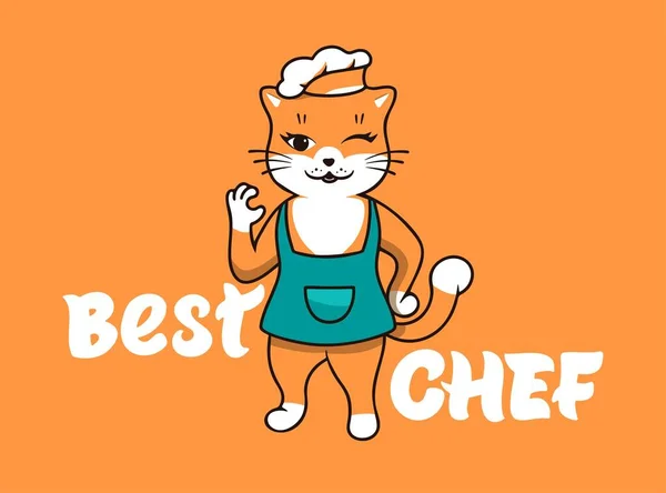 Beste chef-kok Cat logo, koken template. Grappig kitty karakter, badge, sticker, embleem, label op oranje achtergrond — Stockvector