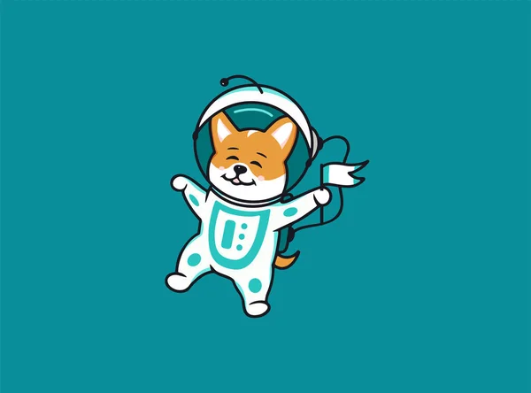 Un pequeño astronauta perro corgi, logo espacial. Divertido personaje de dibujos animados, logotipo, insignia, pegatina, emblema sobre fondo azul — Vector de stock
