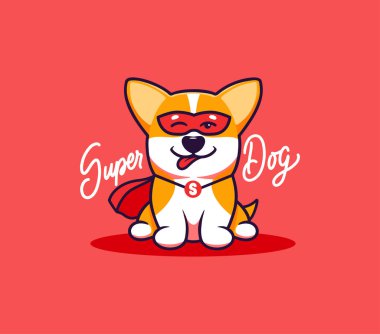 A little dog, logo with text Super Dog. Funny corgi cartoon character