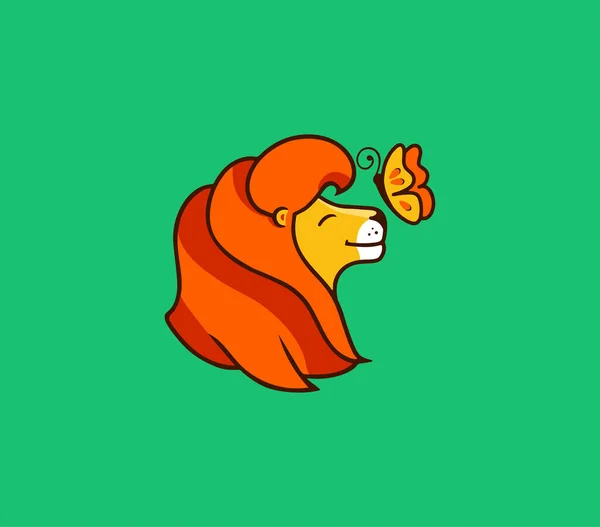 La cabeza del león con mariposa, logo. Personaje de dibujos animados vectorial, logotipo — Archivo Imágenes Vectoriales