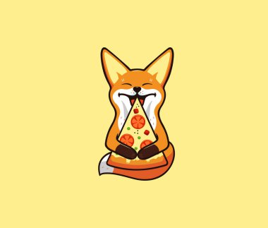 Komik tilki pizza ve logo yiyor. Gülen çizgi film karakteri, yemek logosu