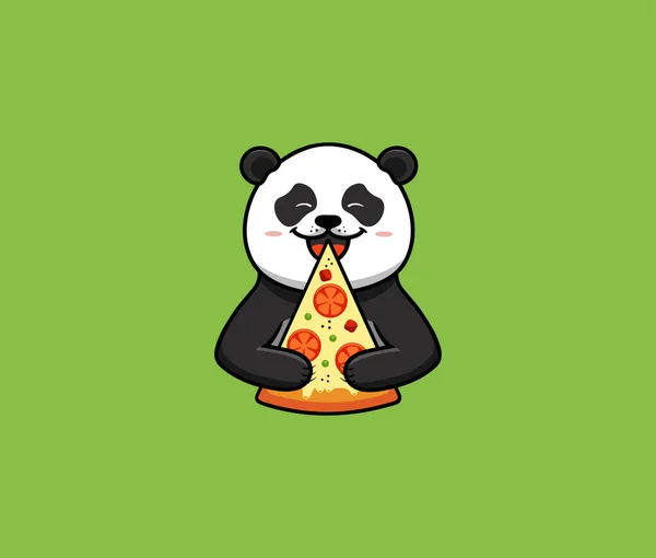 El panda divertido come pizza, logo. Lindo animal salvaje, personaje de dibujos animados, logotipo de alimentos — Archivo Imágenes Vectoriales