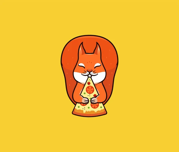 这只奇怪的松鼠吃披萨 满意的性格 食物标识 黄色背景的标志 矢量插图 线条艺术风格 创意设计 — 图库矢量图片