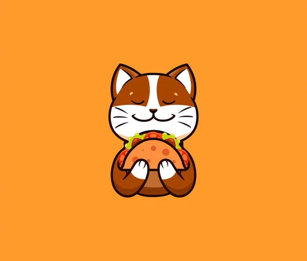 Логотип смешной кот ест тако. Симпатичное животное, мультяшный персонаж, пищевой логотип — стоковый вектор