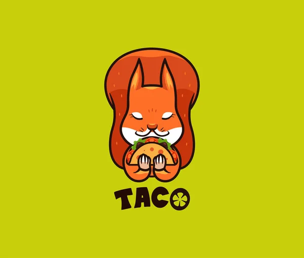 El logo divertido ardilla come taco. Lindo animal salvaje, personaje de dibujos animados — Vector de stock