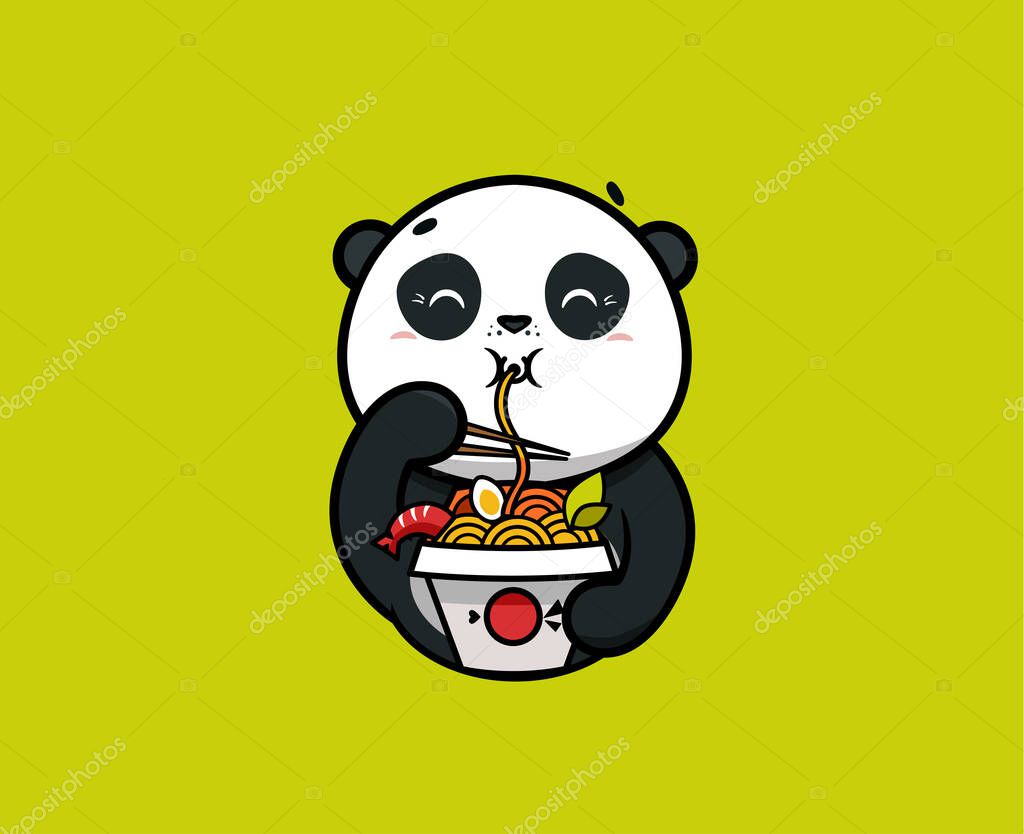 The logo funny panda eats noodles. Food logotype, cute animal, cartoon character, badge, sticker, emblem on green background. Vector illustration, flat, line art style, creative design