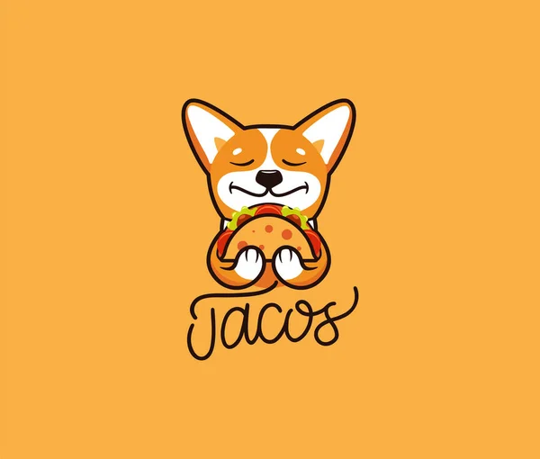 Logo śmieszne corgi je taco. Słodki pies, postać z kreskówki, logotyp żywności — Wektor stockowy