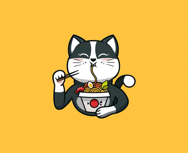 Логотип смешной кот ест лапшу. Логотип продуктов питания — стоковый вектор