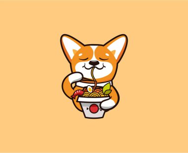 Logo komik Corgi erişte yiyor. Gıda logosu, sevimli bir köpek.