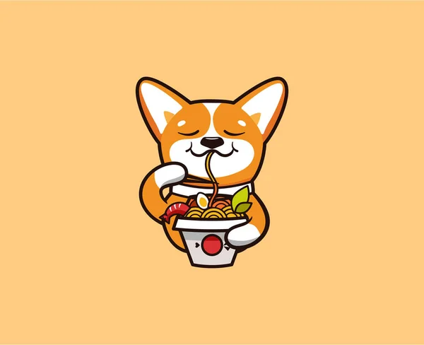 The logo funny corgi eats noodles. Food logotype, cute animal dog — Stock Vector