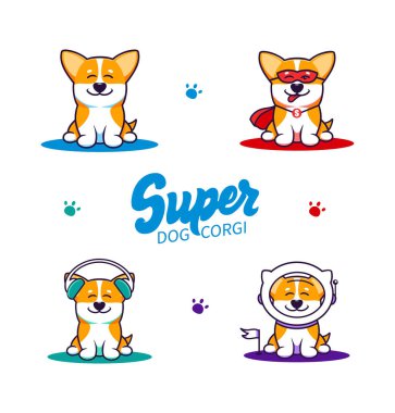 Bir grup küçük köpek, yazılı logolar. Komik Corgi çizgi film karakterleri, logotipler.