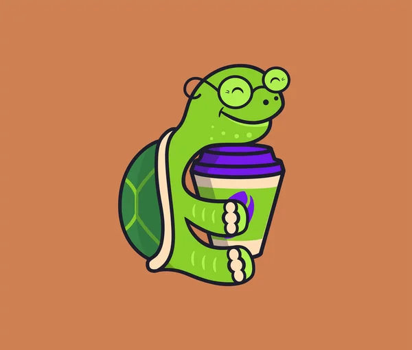 Het Logo Grappige Schildpad Met Koffie Voedsel Logotype Schattig Dier — Stockvector