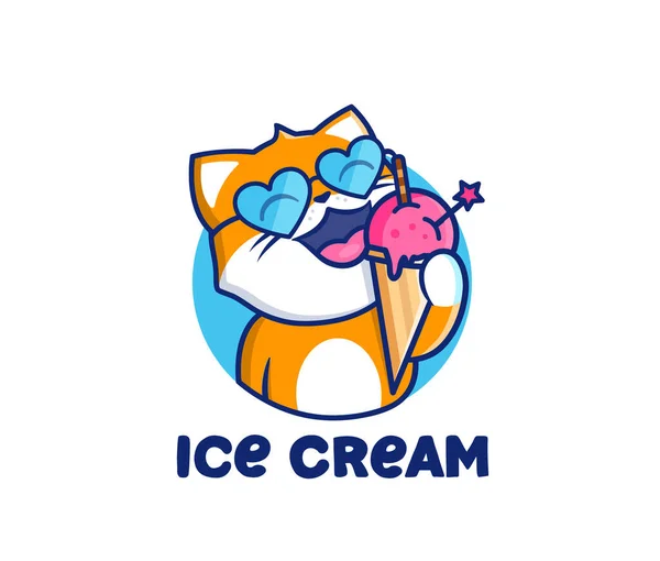 Логотип головной кот с текстовым мороженым. Логотип продуктов питания, симпатичное животное — стоковый вектор