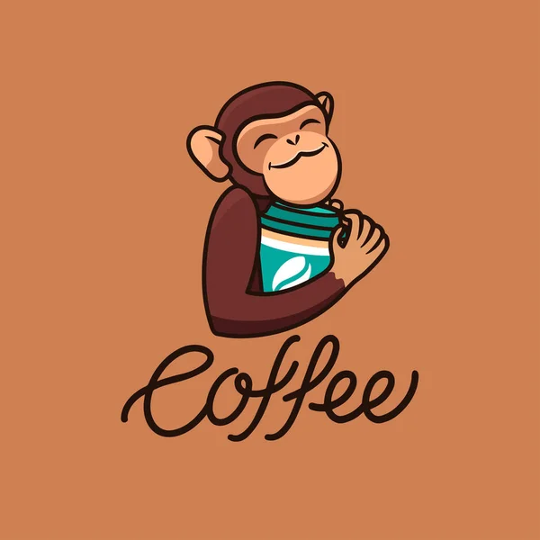 Le singe drôle logo avec café, texte. Logotype alimentaire — Image vectorielle