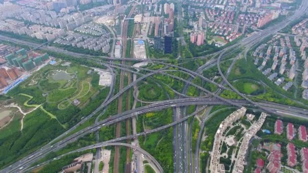 AERIAL Shot of traffic moving on overpasses,Shanghai,China. — 비디오