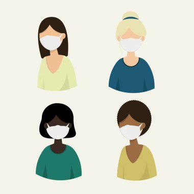 Beyaz yüzlü kadın maskesi. Çin 'de Coronavirüs. Wuhan COVID-19 virüsünü önlemek için tıbbi maske. Sağlık ve kişisel hijyen ürünleri. Virüsten korunan kadınlar..