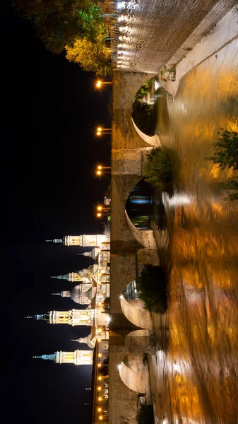 Nachtansicht der Basilika Unserer Lieben Frau von der Säule und der Steinbrücke (puente de piedra) in Zaragoza, Spanien — Stockfoto