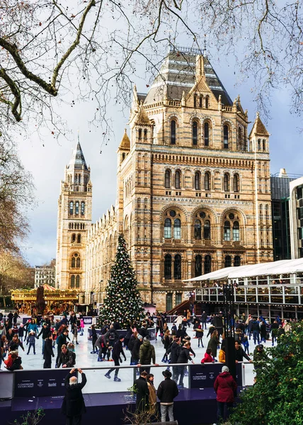 Londres, Royaume-Uni / Europe ; 21 / 12 / 2019 : Patinoire et sapin de Noël au Natural History Museum de Londres. Les gens qui aiment patiner sur glace à Noël devant l'un des musées les plus célèbres de la ville . — Photo