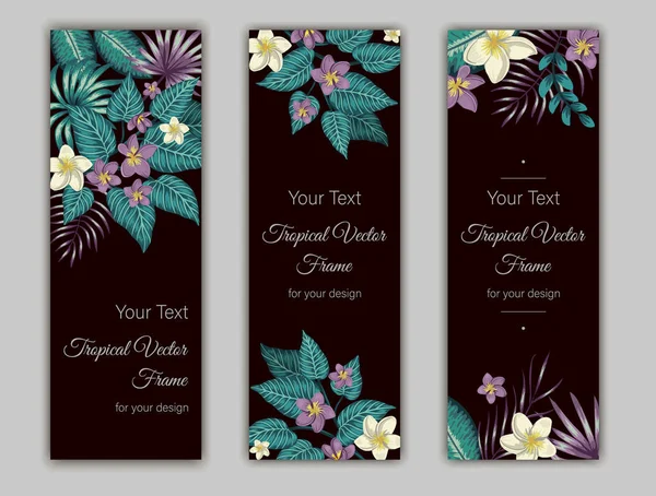 Vector bookmarks with green tropical leaves, plumeria and hibisc — Stok Vektör