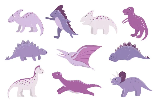 Vektor-Set von niedlichen rosa und lila Dinosauriern für Kinder. dino — Stockvektor