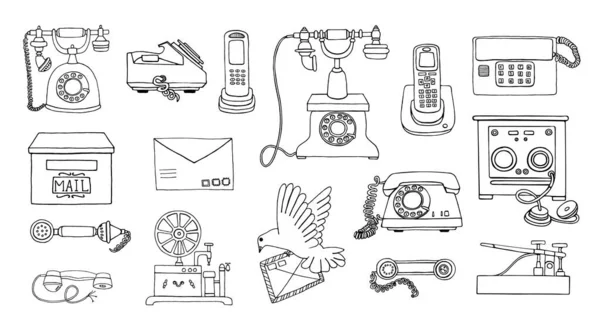 Vector vintage means of communication line drawing set. Retro bl — Stock Vector