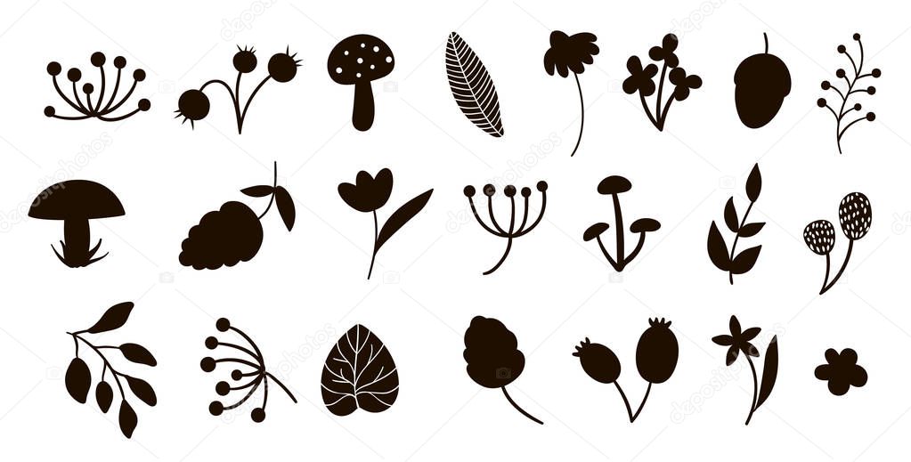 Vector forest elements silhouettes clip art set. Flat trendy ill