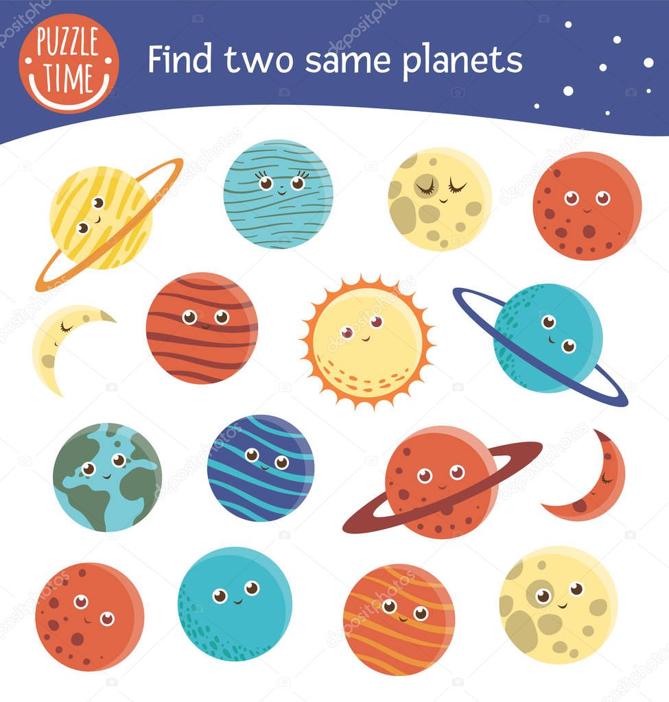 Find two same planets. Space matching activity for preschool chi