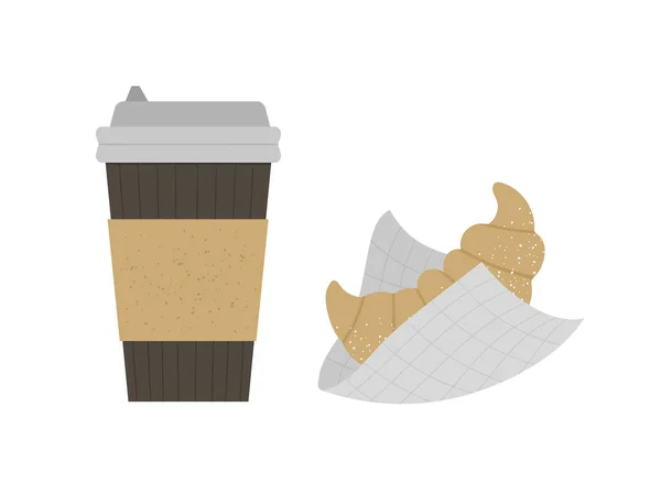 Ilustración plana vectorial de croissant con taza de café para llevar — Vector de stock