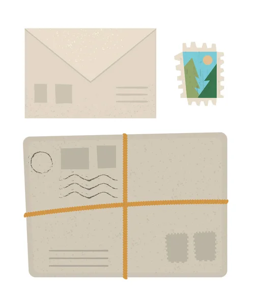 Illustration vectorielle plate d'un colis, d'une lettre et d'un timbre. Poste obj — Image vectorielle