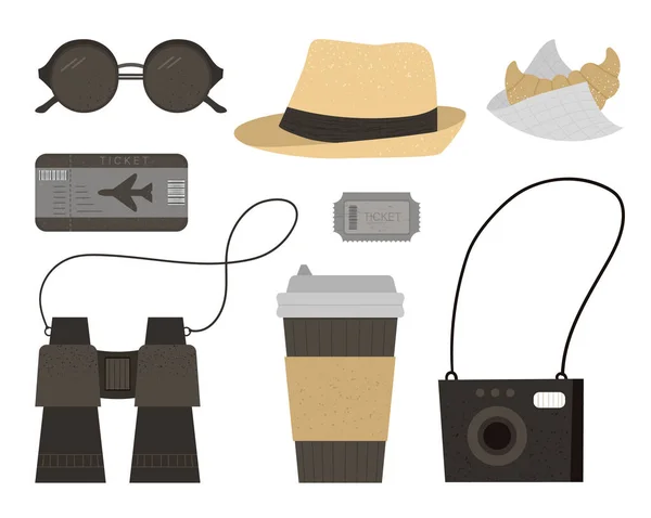 Vektor flache Darstellung von Sonnenbrille, Hut, Kamera, Eintrittskarten, b — Stockvektor