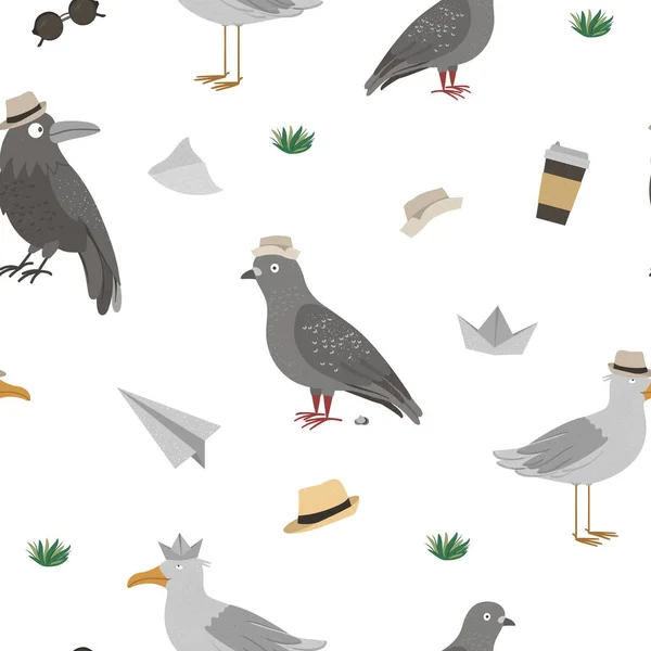 Modèle vectoriel sans couture avec mouette drôle, corbeau, pigeon avec p — Image vectorielle