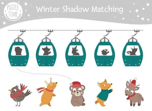 Vinter skugga matchning aktivitet för barn med djur på skoj — Stock vektor