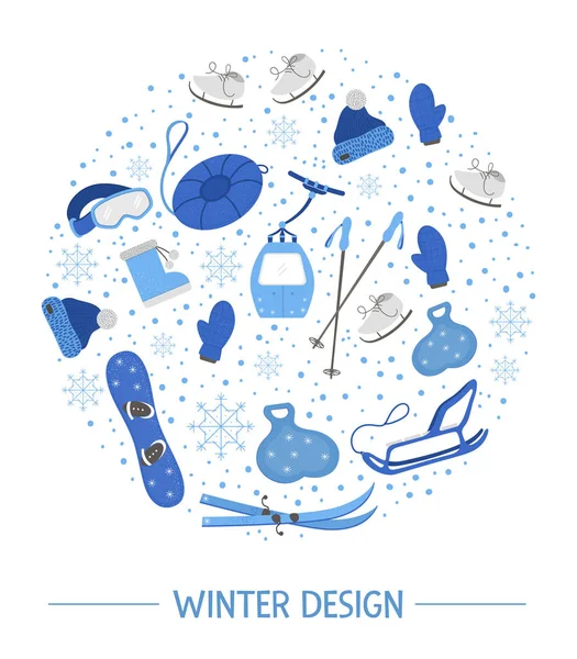 用于冬季活动的病媒物体呈圆形 冷季运动器材圆形构图 用于在山上和雪地度假的卡片设计 — 图库矢量图片
