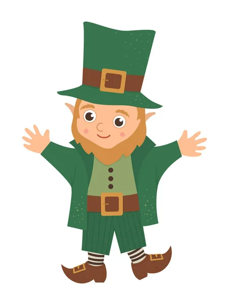 Vecteur plat drôle de leprechaun en vert vêtements traditionnels et ha — Image vectorielle