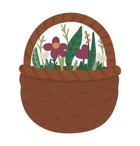 Vector plano divertido cesta de flores. Linda ilustración de primavera. Fores — Vector de stock
