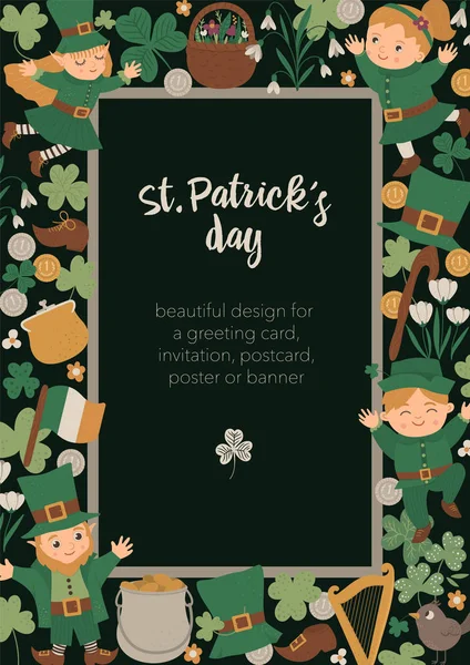 Vector Saint Patrick Day marco de diseño vertical con duende , — Archivo Imágenes Vectoriales