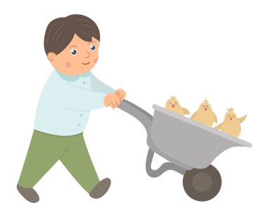 Vector mutlu çocuk piliçlerle el arabası kullanıyor. Paskalya Eğlencesi