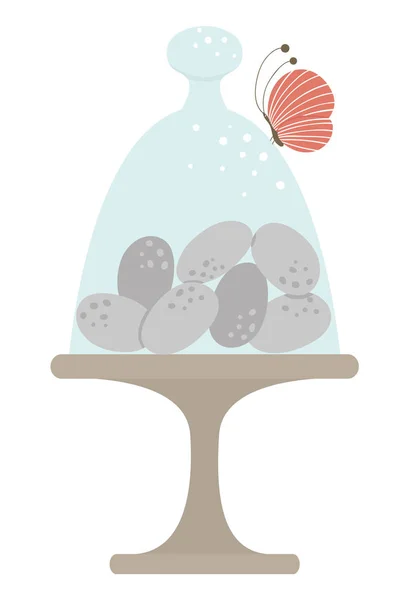 Ilustración vectorial de plato con huevos de colores y mariposa iso — Vector de stock