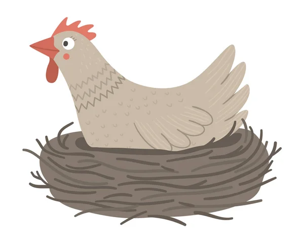 Vector funny hen in nest isolated on white background. Spring, E — Stock Vector