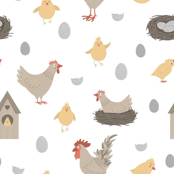 Vector seamless pattern with cute funny hen, rooster, little chi — 스톡 벡터