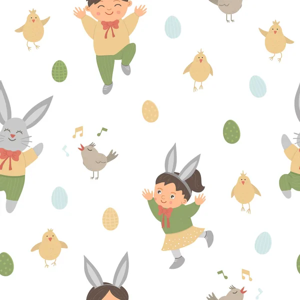 Vector seamless pattern with cute funny bunny and happy children — 스톡 벡터