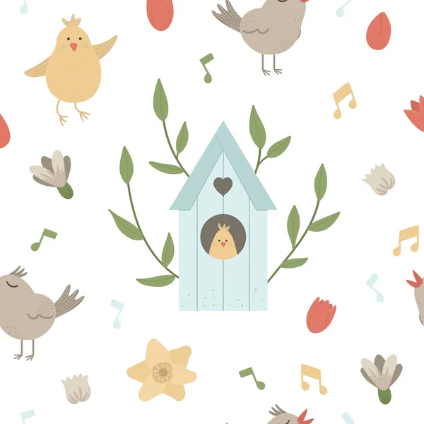 Vector seamless pattern with starling-house with leaves, chirpin — 스톡 벡터