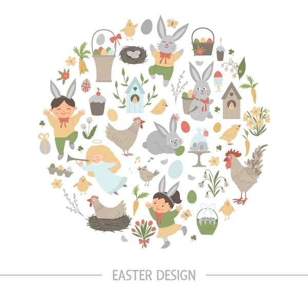 Vector Easter round frame with bunny, eggs and happy children is — 스톡 벡터