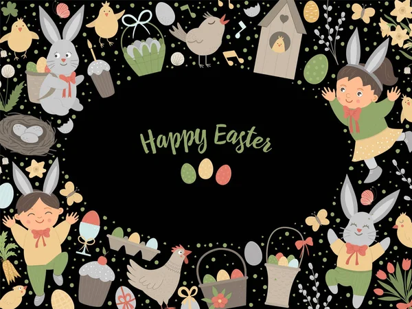 Wektor Wielkanoc horyzontalny układ ramki z króliczkiem, jaja i — Wektor stockowy