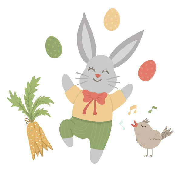 Wektor płaski zabawny królik z kolorowymi jajkami, marchewką i śpiewem bi — Wektor stockowy