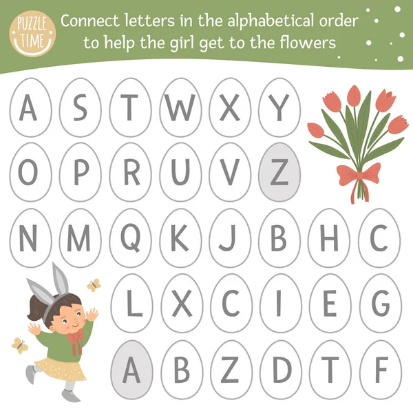 Pascua ABC juego con personajes lindos. Primavera alfabeto laberinto activ — Archivo Imágenes Vectoriales