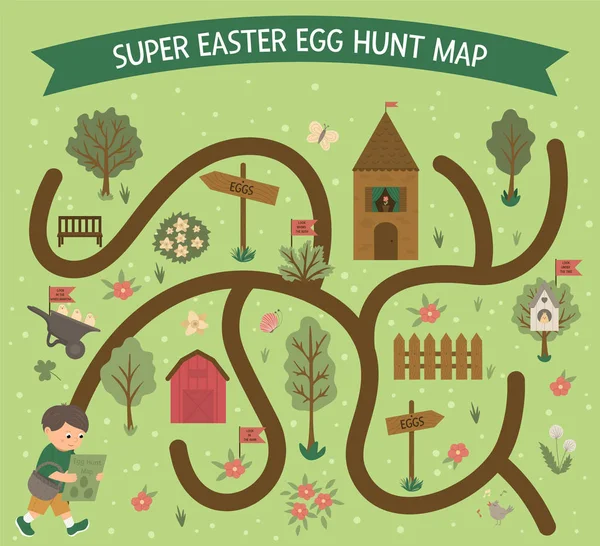 Húsvéti tojásvadászat térkép. Állítsa be a lapos tavaszi rajzfilm elemek. Vektor — Stock Vector