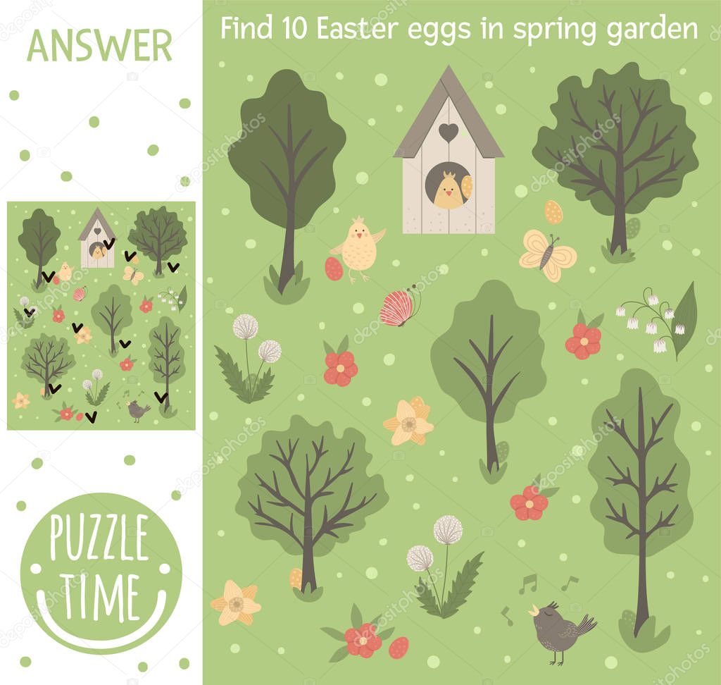 Easter searching game for children with colored eggs in spring g