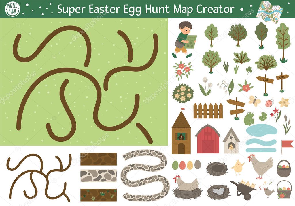 Easter egg hunt map creator. Set of flat cartoon elements for co
