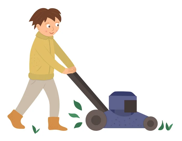 Ilustração vetorial de um menino cortando grama com cortador de grama isola —  Vetores de Stock